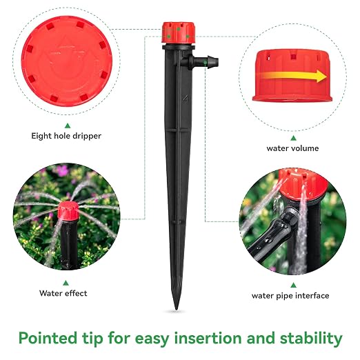 100pcs Drip Irrigation Emitters for 1/4" Drip Tubing | Adjustable 360 Degree Water Flow, 5" Arrow Stake, Garden Irrigation Drippers, For 4-7mm Watering System Kit