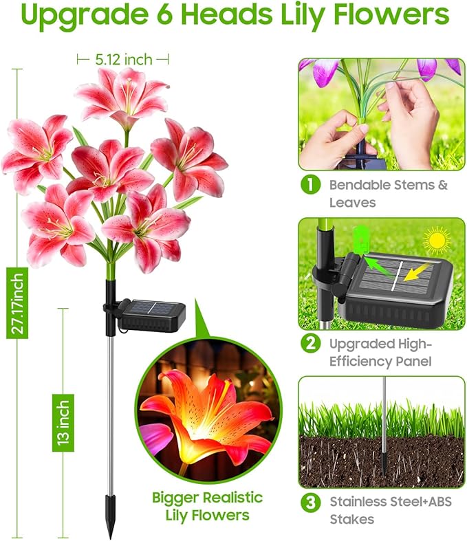 LETMY 8 Pack Solar Garden Lights, Solar Flower Lights with 6 Head Bigger Lily Lights, IP65 Waterproof Solar Lights Outdoor, Decorative Lights for Garden, Patio, Yard, Flower Bed