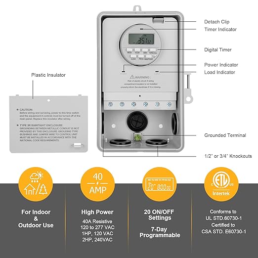 SURAIELEC Digital Pool Timer, 7-Day Programmable Digital Timer Switch, 40 AMP, 2HP, 120, 240, 277 VAC, Outdoor Indoor Heavy Duty Controller Box for Pool Pump, Water Heater, Lights, Powerful Appliances