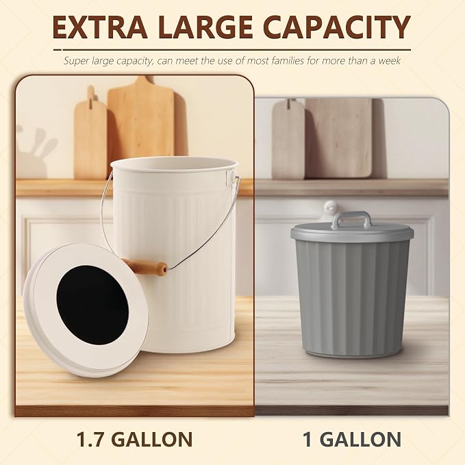1.7 Gal Kitchen Compost Bin with Smell Proof Lid,Odorless Bin for Indoor Countertop,100% Rust Proof Compost Bucket with Non-Smell Charcoal Filter,Easy Cleaning and Looks Great On Any Kitchen Counter