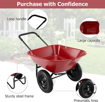 ERGOMASTER Dual-Wheel Wheelbarrow, Home Utility Garden Cart, Large Heavy Duty Yard Cart for Gardening (Red)