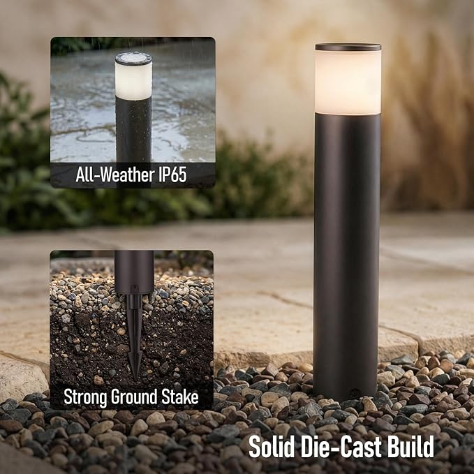 LEONLITE 5CCT Low Voltage Bollard Pathway Light, 360° Glow Landscape Lighting, 5W 12-24V AC/DC Wired Garden Path Light for Walkway, Driveway, Yard, ETL, Die-Cast Aluminum, IP65 Waterproof, Pack of 4