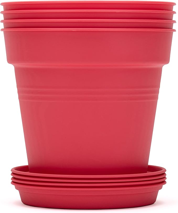 Mintra Garden Pots, 4 Pack Bulk Plastic Plant Pots with Drainage Tray, Round Indoor & Outdoor Decorative Planters with Drain Holes for Flowers, Herbs & Plants, 19cm Diameter – Coral, 7.5 in