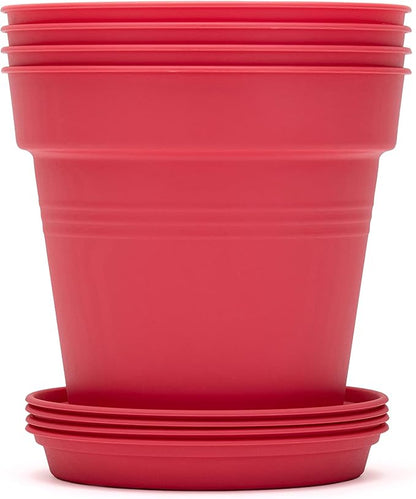 Mintra Garden Pots, 4 Pack Bulk Plastic Plant Pots with Drainage Tray, Round Indoor & Outdoor Decorative Planters with Drain Holes for Flowers, Herbs & Plants, 19cm Diameter – Coral, 7.5 in