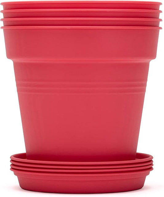 Mintra Garden Pots, 4 Pack Bulk Plastic Plant Pots with Drainage Tray, Round Indoor & Outdoor Decorative Planters with Drain Holes for Flowers, Herbs & Plants, 19cm Diameter – Coral, 7.5 in