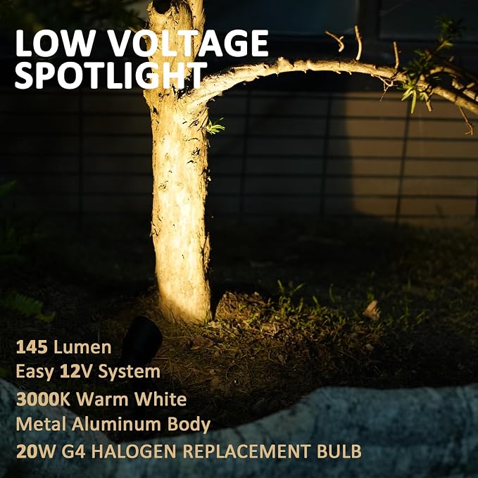 Low Voltage Spotlights 8PK 20W Halogen Floodlights 12V AC Outdoor Spot Lights Black Landscape Lighting Kit 145 Lumens 3000K with Spike Stake and Connector for Garden, Yard, Lawn