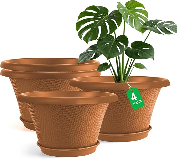 Quarut 12 Inch Pots for Plants,4 Pack Large Flower Pots with Saucer | Modern Planters for Indoor Outdoor Plants,Decorative Resin Garden Pots with Drainage Holes(Orange)