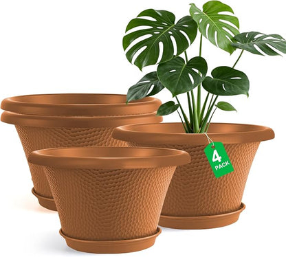Quarut 12 Inch Pots for Plants,4 Pack Large Flower Pots with Saucer | Modern Planters for Indoor Outdoor Plants,Decorative Resin Garden Pots with Drainage Holes(Orange)