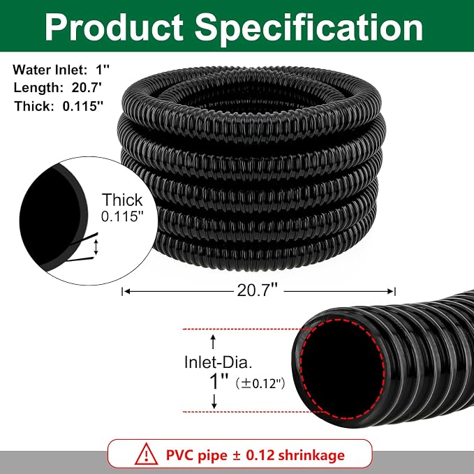 LONGRUN Pond Tubing 1 Inch Diameter, 20.7 Feet Long Corrugated Flexible Hose Pipe with Clamps Pipe Fittings, Pool PVC Tube for Garden Ponds Waterfalls Camping Caravans Filters Drainage Marine