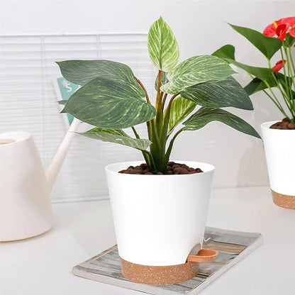 Vanslogreen Planters for Indoor Plants 7/6.5/6/5.5/5 Inch, Self Watering Planters with Drainage Holes and Saucers 5 Pack Plastic Pots for Plants, Succulents, Herbs, Cactus, Flower Pots, White