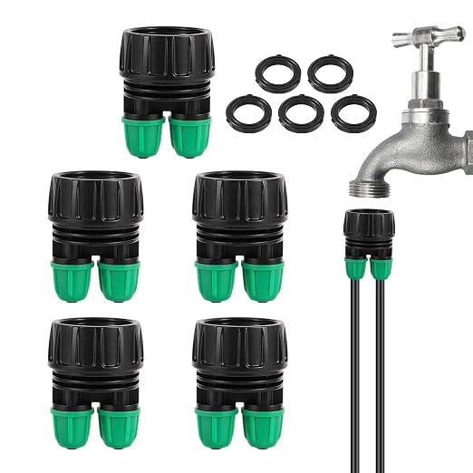Garden Hose Adapter 3/4 to 1/4 Inch 2 Way Drip Irrigation Tubing Connectors Lock Barbed Design 3/4 US Standard GHT Thread 5 Pack (2 -Way to 1/4" Pipe Connector)