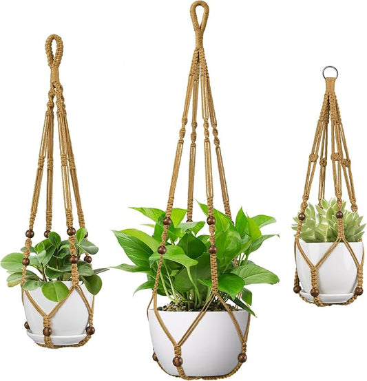USLAI Macrame Plant Hanger Indoor Outdoor, Fits 4 to 15 Inch Pots, Strong Hanging Planter Holder, Boho Home Decor, 23+29+35 Inch, Brown (POTS NOT Included)