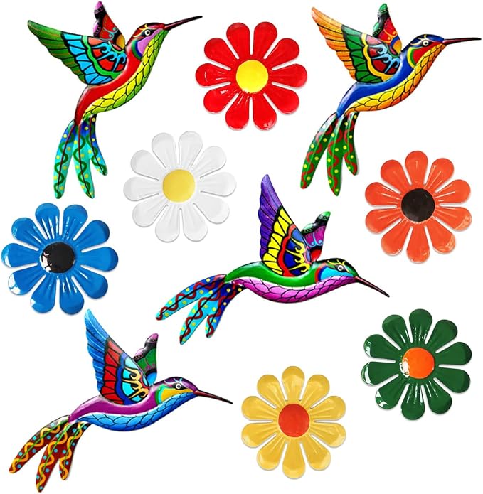 Tsilin Garden Decor Set With 4 Pcs Metal Hummingbirds 6 Pcs Metal Flowers Statues Wall Decor Sunflower Hanging Ornament for Home Bedroom Outdoor Backyard Porch Patio Fence Decorations