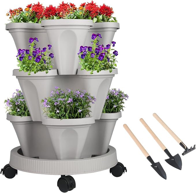 GameXcel Vertical Planter Tower - 3 Tier Stackable Garden Planters with Wheels and Tools Plant Pots for Strawberry Herb Flower and Vegetable Indoor Outdoor Use Gray
