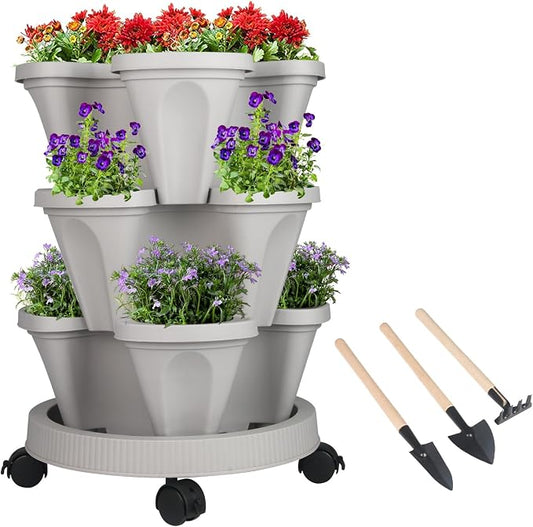 GameXcel Vertical Planter Tower - 3 Tier Stackable Garden Planters with Wheels and Tools Plant Pots for Strawberry Herb Flower and Vegetable Indoor Outdoor Use Gray