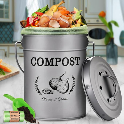 AOSION 1 Gallon Countertop Compost Bin for Kitchen with Lid,Odor Resistant | Farmhouse compost bin with charcoal filter,inner bucket and bags,easy kitchen food waste storage