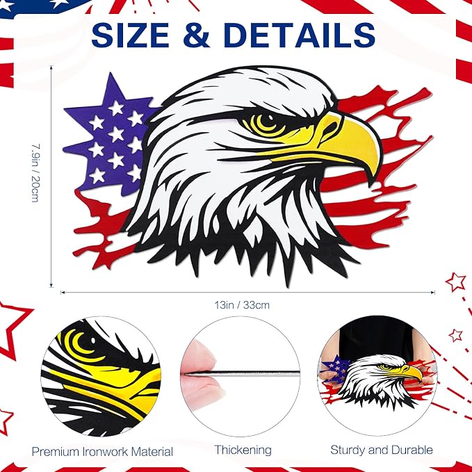 4th of July Independence Day Decor Bald Eagle Metal Wall Art, American Flag Bald Eagle Hanging Sign, Patriotic Decoration for Home Office Living Room Indoor Outdoor(13x7.9 in)