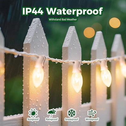 Minetom C9 Clear Christmas String Lights, 100FT Waterproof Christmas Lights | Outdoor String Lights with 100 E17 Bulbs for Patio Yard Roofline Garden Holiday Home Decor, White Wire, Not Connectable