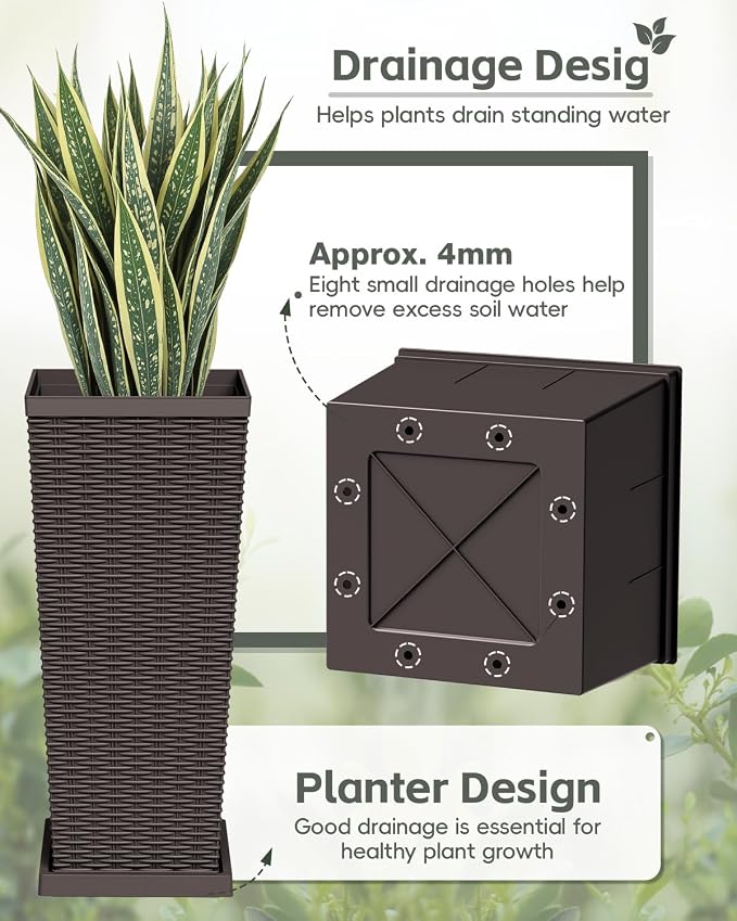 Greesum Set of 2 Tall Plastic Planters with Saucer, 24 Inch Large Pots with Drainage Trays, Weather-Resistant Plastic Plant Containers for Patio, Porch, Garden,Brown