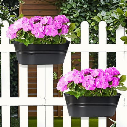 16 Inch 4 PCS Metal Hanging Flower Pots for Railing Fence, Large Railing Planters for Outdoor Plants, Fence Hanging Planters with Detachable Hooks for Garden Balcony