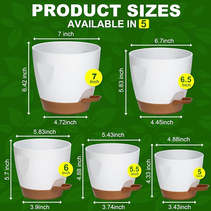 5-Pack Plant Pots with Drainage 7/6.5/6/5.5/5 Inch Self Watering Pots for Indoor Outdoor Plants, Plastic Flower Pots with Drainage Holes and Removable Saucers, Plant Pots with Wicking Rope (White)
