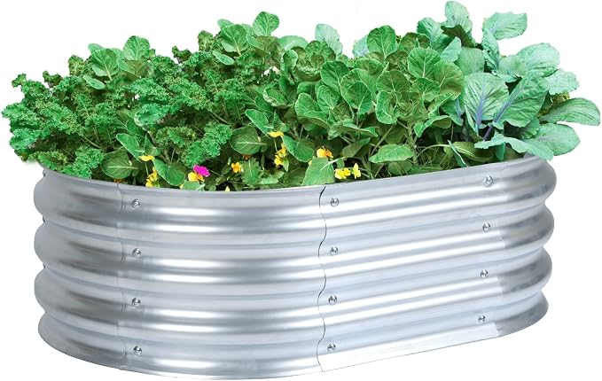 Aoodor Galvanized Raised Garden Bed Kit, 3 x 2 x 1 Ft Oval Outdoor Metal Planter Box for Vegetables, Flowers & Herbs, Silver
