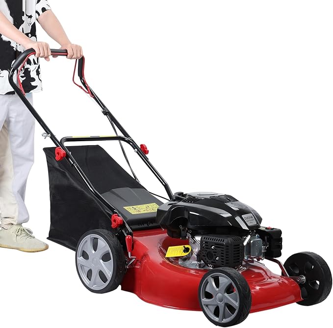 Self Propelled Gas Lawn Mower, 141cc 4-Stroke Engine with 20 Inch Deck & 50L Grass Bag, Walk Behind Lawn Mower, 7 Height Adjustments & Foldable Handle for Home Yard Red