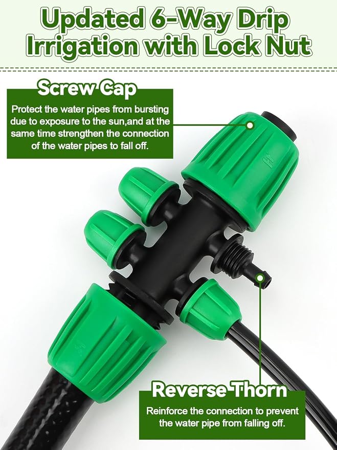 Kalolary 20PCS Locked Barbed Tee Connectors, 1/2” to 1/4” Drip Irrigation Fittings Kit 12/16mm to 4/7mm Tube Lock Female Connector 6-Way Barbed Lock Irrigation Parts for Watering System (Green)