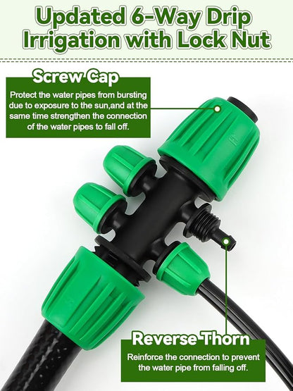 Kalolary 20PCS Locked Barbed Tee Connectors, 1/2” to 1/4” Drip Irrigation Fittings Kit 12/16mm to 4/7mm Tube Lock Female Connector 6-Way Barbed Lock Irrigation Parts for Watering System (Green)