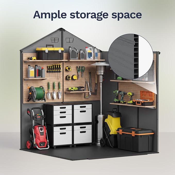 Greesum 6x6FT Plastic Outdoor Storage Shed with Floor, Resin Sheds with Lockable Double Door, Tool Sheds with Window and Vents, for Backyard, Garden, Patio, Dark Gray
