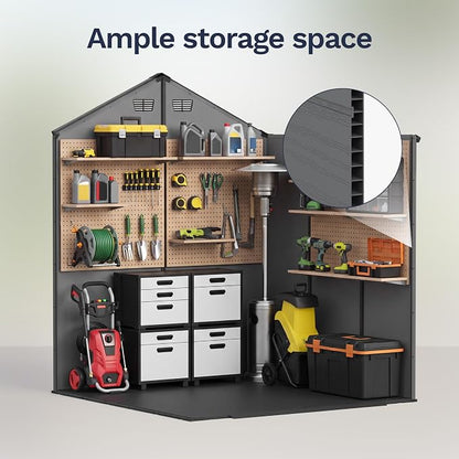 Greesum 6x6FT Plastic Outdoor Storage Shed with Floor, Resin Sheds with Lockable Double Door, Tool Sheds with Window and Vents, for Backyard, Garden, Patio, Dark Gray