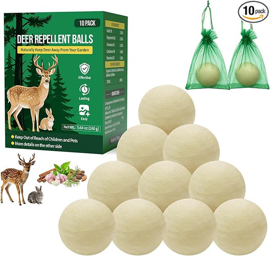 10PCS Effective Deer & Rabbit Repellent Balls, Long Lasting Deer Repellent for Plants, Deer Away Rabbit Repellent for Garden Yard Lawn Vegetable and More, Natural Deer Repellent Balls Safe for Pet Kid