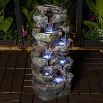 Rock Waterfall Outdoor Fountain with LED Lights, Tiered Resin Garden Water Fountain with Pump, Cascading Stone Look Water Feature for Patio Lawn Backyard Porch Decor