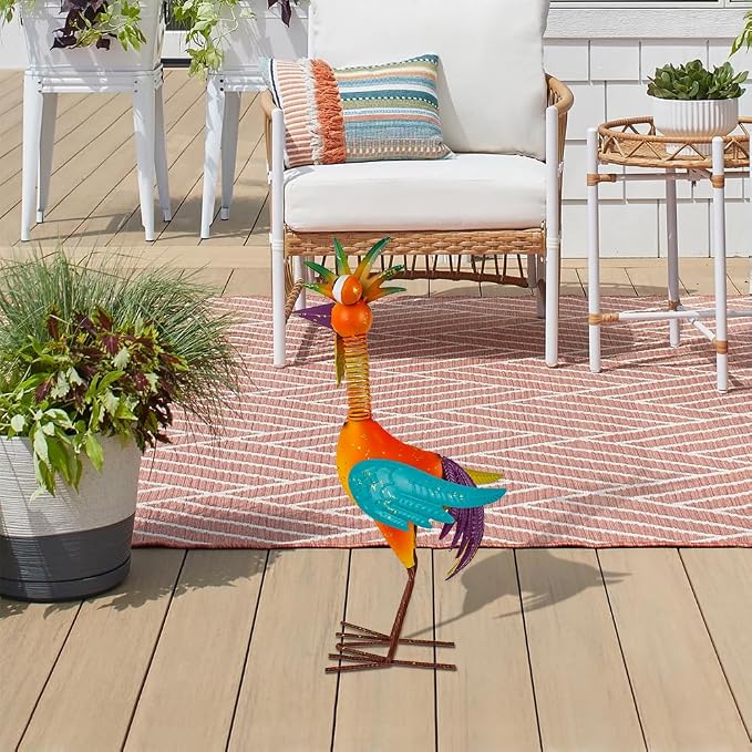 Metal Wacky Rooster Garden Statue for, Patio, Backyard, Lawn | 18'' Rooster Decor, Yard Statue Decorations Outdoor, Chicken Yard Art, Orange