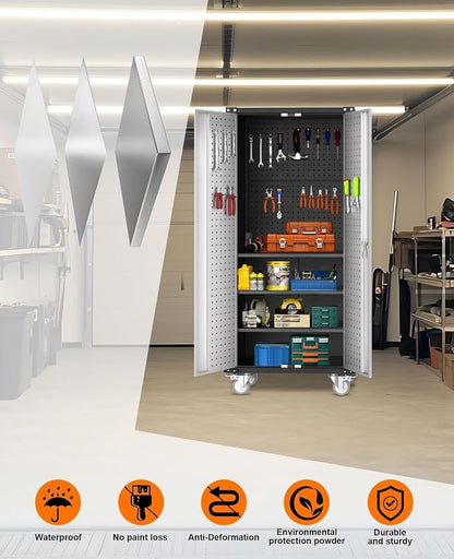 Garvee Cabinet Metal Storage Cabinet with Wheels, Heavy Duty Steel Rolling Organizer with Lockable Doors, Adjustable Shelves, Utility Garage Cabinet for Home, Office, Workshop, Laundry Room, Kitchen