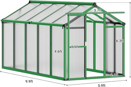 Garvee 6 X 10 Greenhouse, Greenhouses for Outside, Polycarbonate Greenhouse with Aluminum Frame, Lockable Door and Ajustable Roof Vent for Backyard, Green Houses for Outside Garden Backyard, Patio