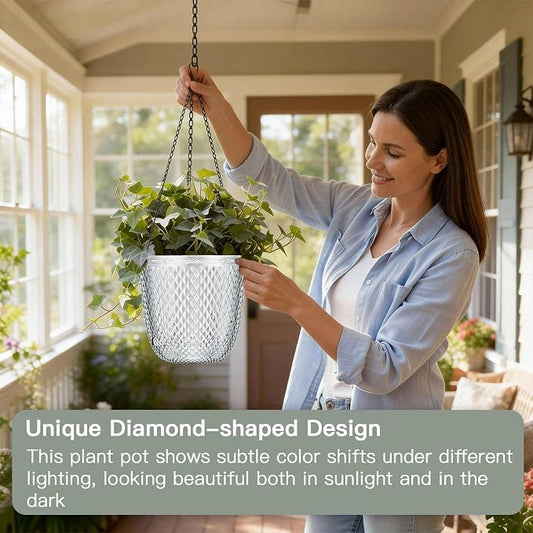 QCQHDU Hanging Planters for Indoor Plants, 2-Pack, 7.2 Inch, Clear | Plastic, Self Watering Plant Hanger, with Drainage Holes, 3 Hooks Chains, For Garden Home