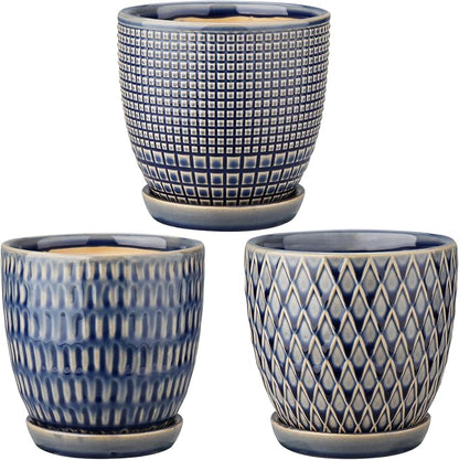 Oairse 4 inches Ceramic Planter Pots 3 Set of Small Round Flower Pots with Drainage Hole and Ceramic Tray for Succulents Cactus Indoor Outdoor Garden Home Windowsill