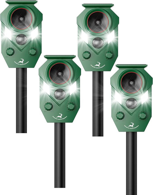 Solar Deer Repellent Devices Outdoor - Ultrasonic Animal Repellent with Motion Sensor & Strobe Lights, 4 Pack Waterproof Cat Repellent Outdoor, Repels Raccoon, Coyote for Garden & Lawn