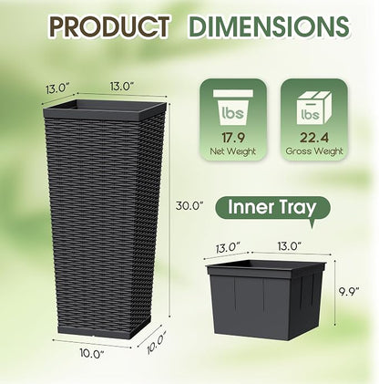 24 Inch Tall Plastic Planters (Set of 2), Detachable Inner Pot & Drainage Holes, Outdoor Decorative Flower Pots for Large Plants, Trees, Patio, and Garden, Black