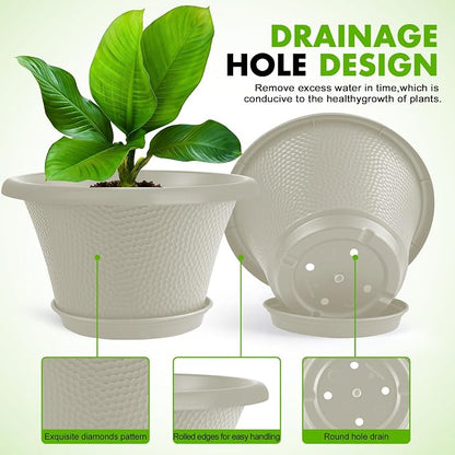 Quarut 12 Inch Pots for Plants,4 Pack Large Flower Pots with Saucer | Modern Planters for Indoor Outdoor Plants,Decorative Resin Garden Pots with Drainage Holes(Beige)