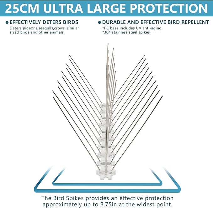 Bird Spikes 3.28FT, 304 Stainless Steel Pigeon Spikes with Plastic Base for Gardens Outdoor, Keep Seagull Pigeon Away Birds Scarer Devices 4PACK