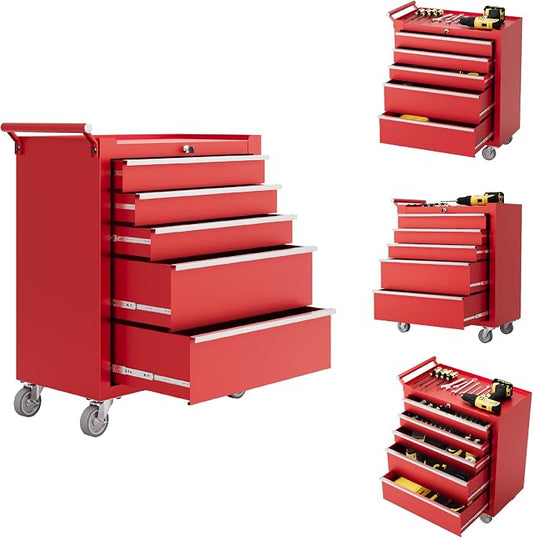 Rolling Tool Chest, 5-Drawer Tool Storage Cabinet, Tool Box with Wheels, Lock System and Drawer Liners, Tool Cart for Warehouse, Workshop and Repair Shop, Red