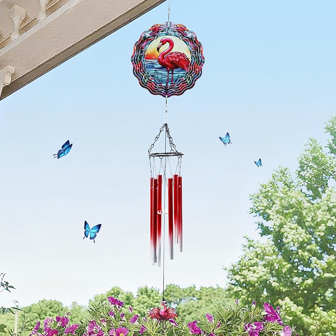 Flamingo Wind Spinner Chimes Outdoor - Hanging Garden Decor with Spinning Flamingo, Metal Wind Chimes for Patio, Yard, Backyard - Birthday Housewarming Gifts for Women/Mom/Grandma