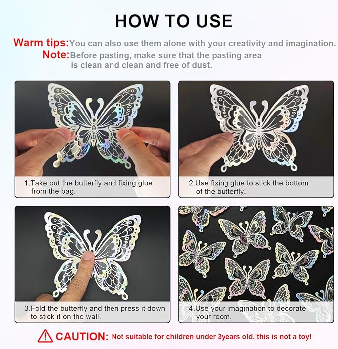 Butterfly Wall Stickers - 60pcs 3D Butterflies Removable Mural Wall Stickers for Home Room Bedroom Decoration Reusable Stickers (Sliver)