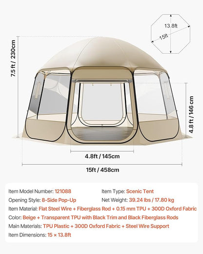 VEVOR Pop up Sports Tent, 8 Sizes Optional Clear Bubble Tent for 1-6 Person, Waterproof Outdoor Pod with Floor Mat & Top Cover, Garden Igloo Dome Tents Camping Shelter for Sports Watching