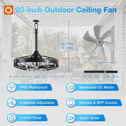addlon 20 Inch Outdoor Ceiling Fan without Light, IP65 Waterproof Plug in Caged Hanging Fan, Remote Control, 6 Speeds Reversible Outdoor Fans for Patio, Gazebo, Pergola, Porch