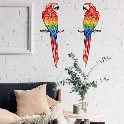 Metal Outdoor Wall Art Decor,3D Colorful Garden Birds Sculpture Outdoor Iron Hanging Parrot Decor, Metal Hand-Made Bird Wall Art Decorations for Fence Patio Balcony Living Room