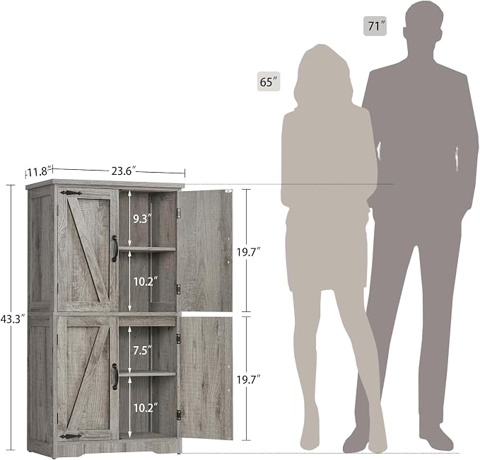 TEENFON Farmhouse Storage Cabinet with 2 Adjustable Shelves, Bathroom Cabinet with 4 Doors, Cupboard for Kitchen, Living Room, Rustic Gray