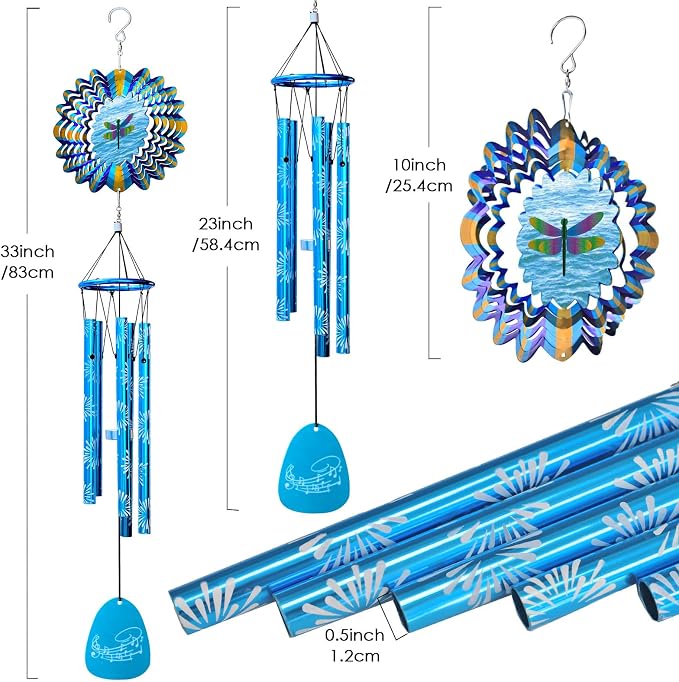 Wind Chimes Outdoor, Memorial Sympathy Wind Chime, 33" Unique Windchimes with Animated Dragonfly Spinner, Hanging Garden Decor Patio Decoration, Dragonfly Gifts for Women Men Mother Father